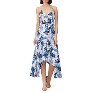 Slate & Willow Blue Tropical Leaf Print Handkerchief Hem Sleeveless Dress Size S